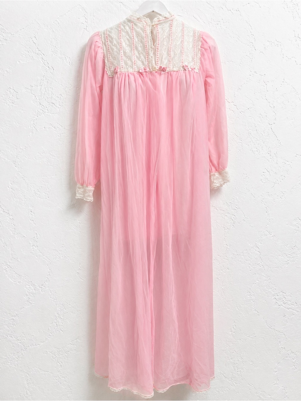 Vintage Pink Sheer Nightgown Lace Yoke Romantic Cottagecore Dress M